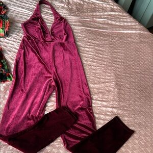 Velvet Halter Jumpsuit Romper - Burgundy